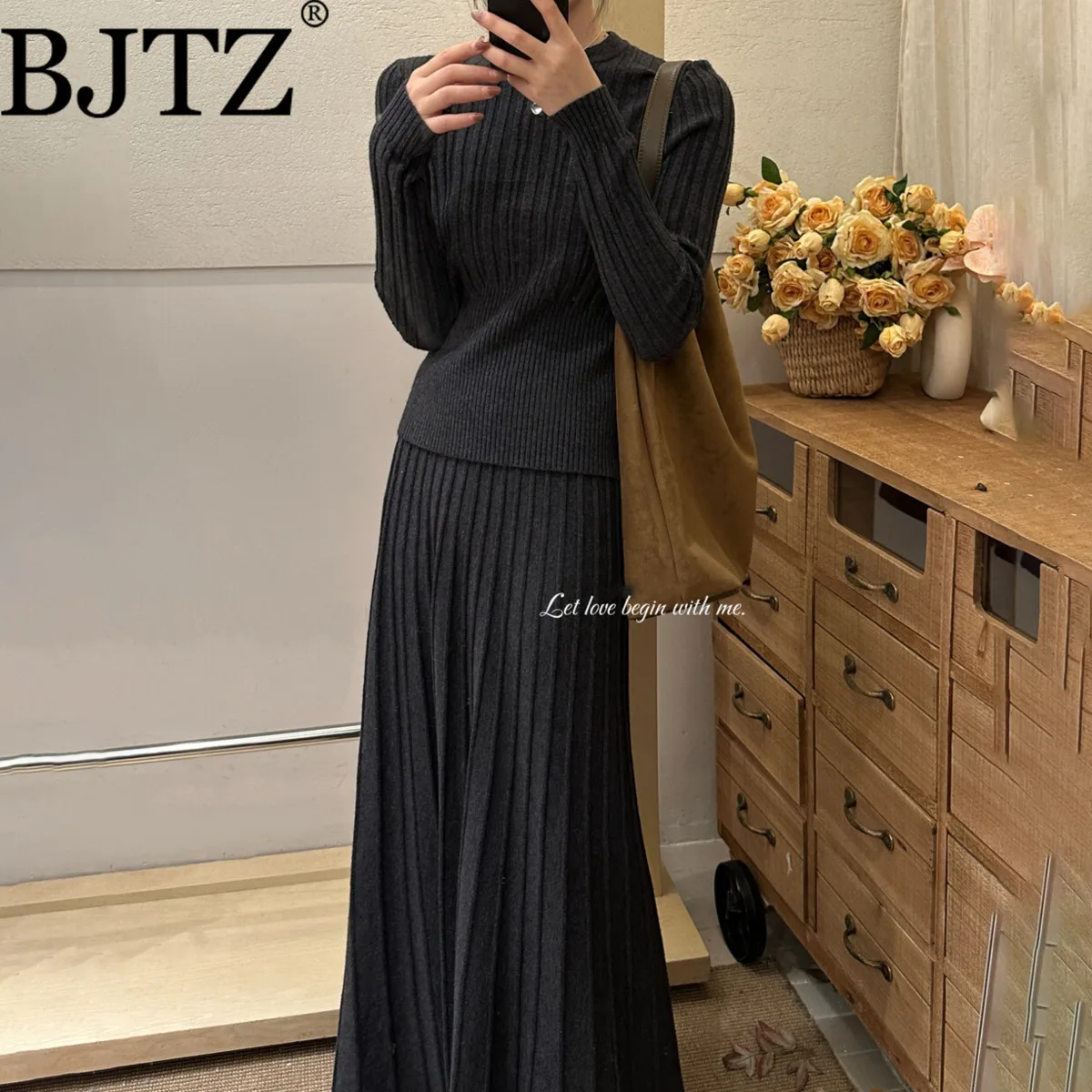 

BJTZ 2025 Winter Women’s Turtleneck Knit Set Stretchy Waist-Cinching Skirt Thermal Elegant Minimalist Premium Comfort Casual