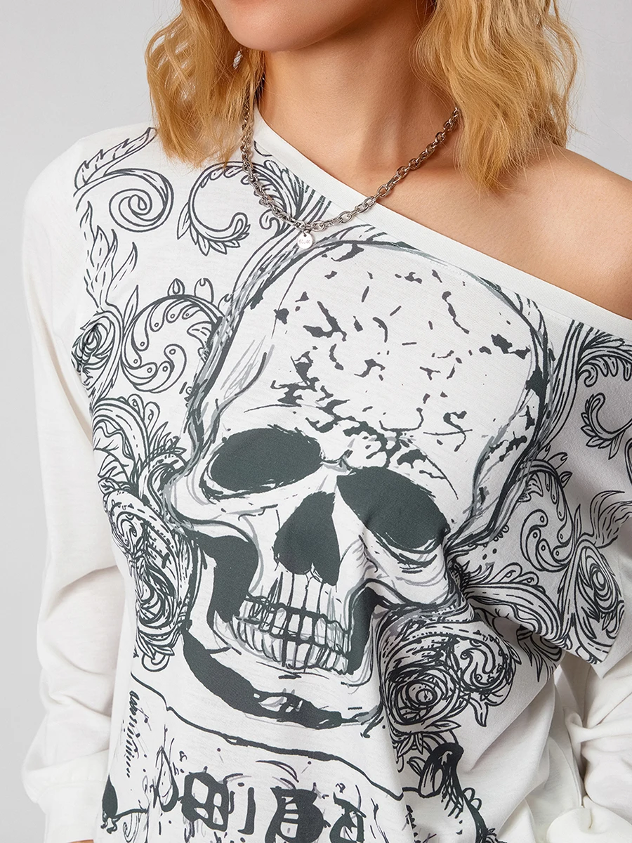 Halloween Women Long Sleeve Oversized T Shirts for Women Casual Skull Bone Print Slant Shoulder Long Sleeve Oversized T-Shirt