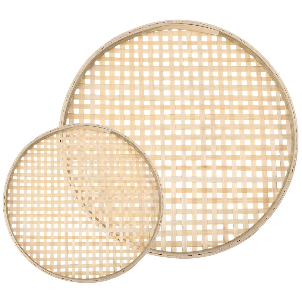 

2pcs Bamboo Sieve Set Multifunctional Hand-Woven Kitchen Strainer For Flour Tea Fruit Stackable Storage Tray Household Drying