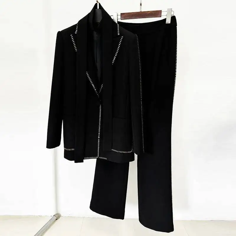 Luxury 2 Piece Sets Women Quality 2025 Spring Beading Blazers Wide Leg Pants Formal Occasions Suits Coats 2pcs Outfits Office