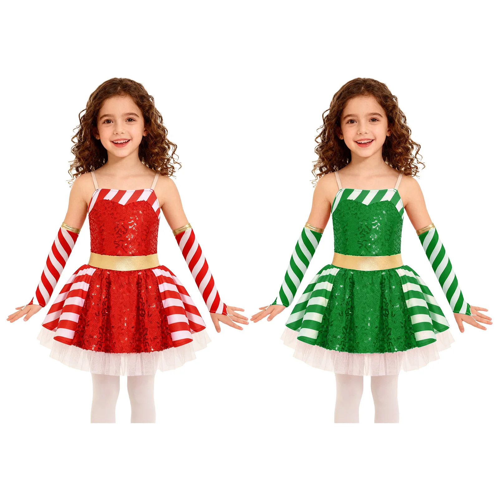 Girls Christmas Ballet Dance Figure Skating Dress Shiny Sequin Striped Tutu Leotard with Sleeves Holiday Carnival Party Costume