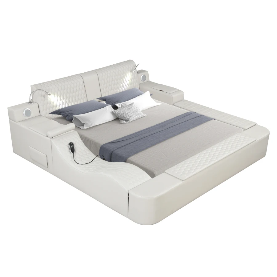 

White multi-function bed solid wood bed super urban design smart bed with storage box king size