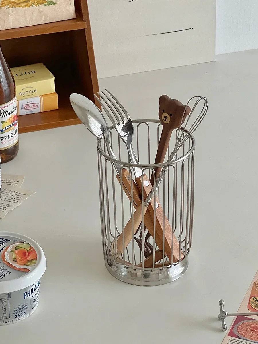 Stainless Steel Cylindrical Storage Container Desktop Spoon Utensils Drain Tube Hairbrush Comb Storage Bucket Multi Function ...