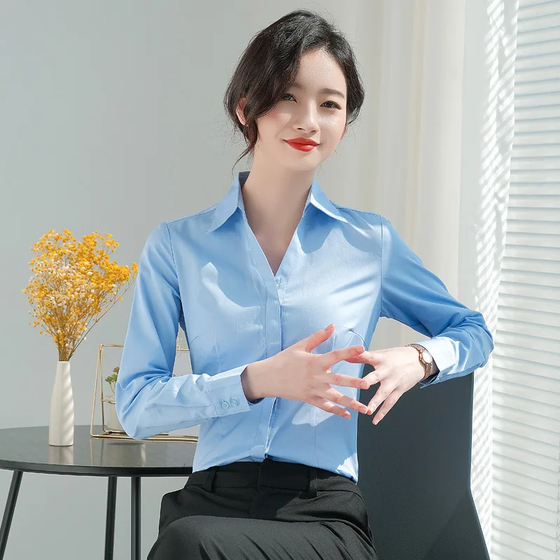 

Women's Slim V-neck Overalls, Long Sleeve Shirt, Professional Work Clothes, Commuting Ol Blouse, Blue, Korean, Spring