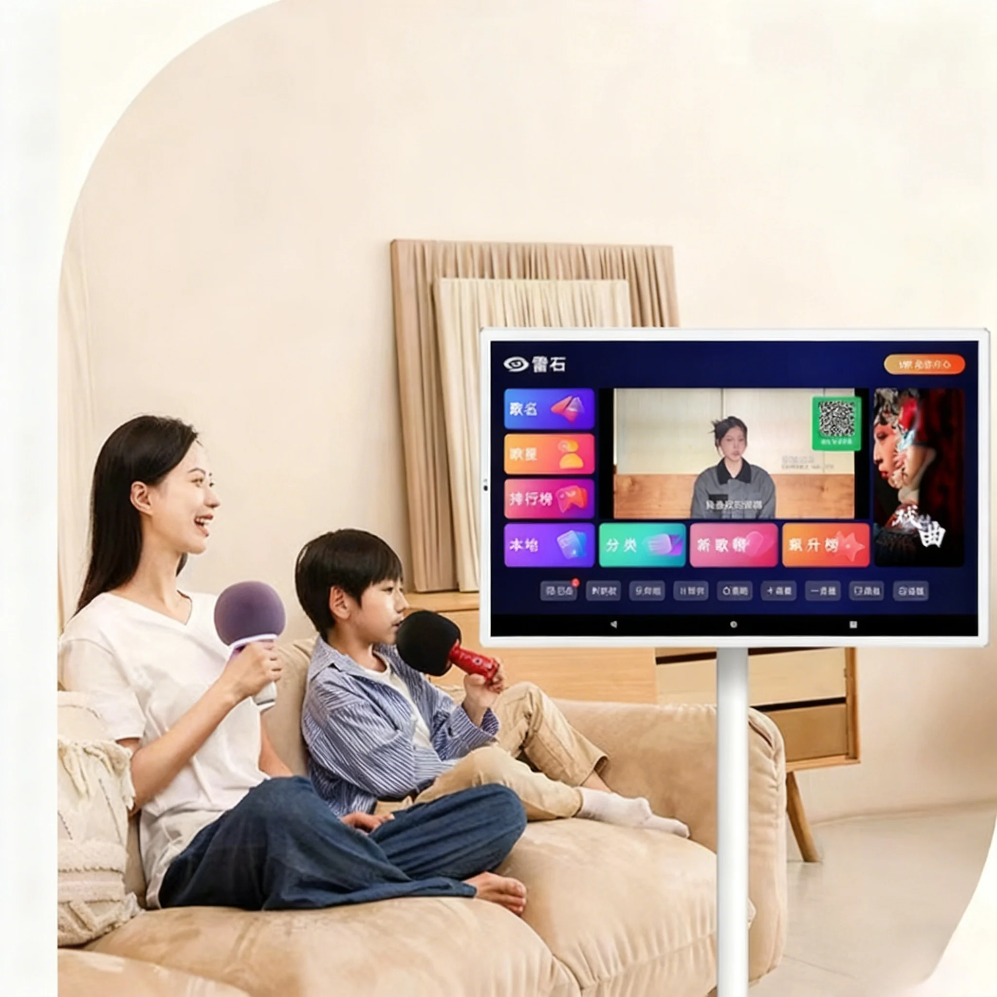 Portable 32-inch Touchscreen Home KTV: All-in-One Karaoke Machine With Mics Ideal For Family Singing Fun