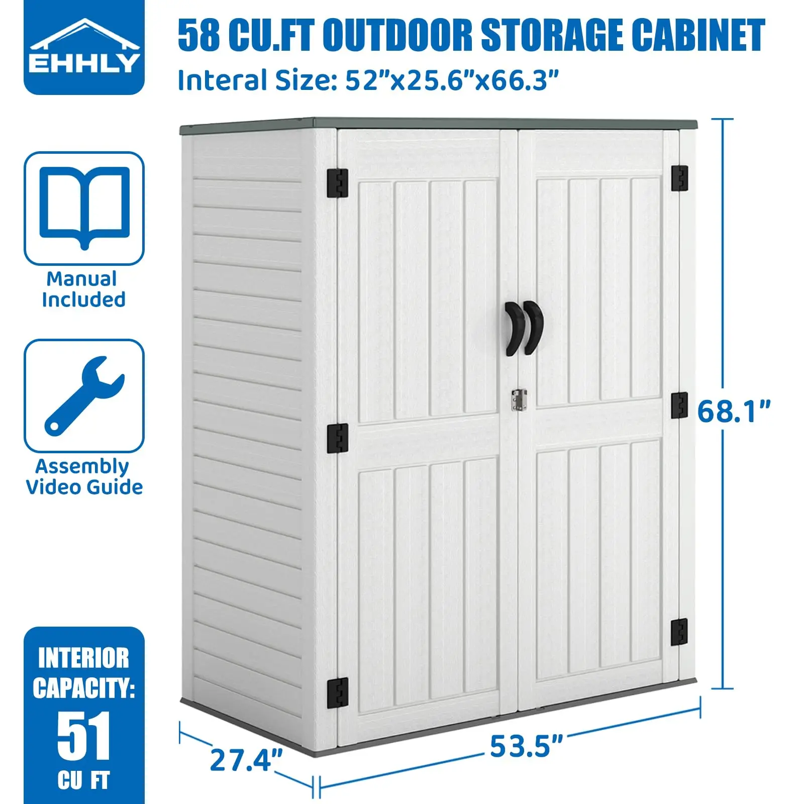 Vertical Resin Storage Shed, 60 Cuft Garden Tool Sheds & Outdoor Storage, Plastic Outdoor Storage Cabinet Waterproof