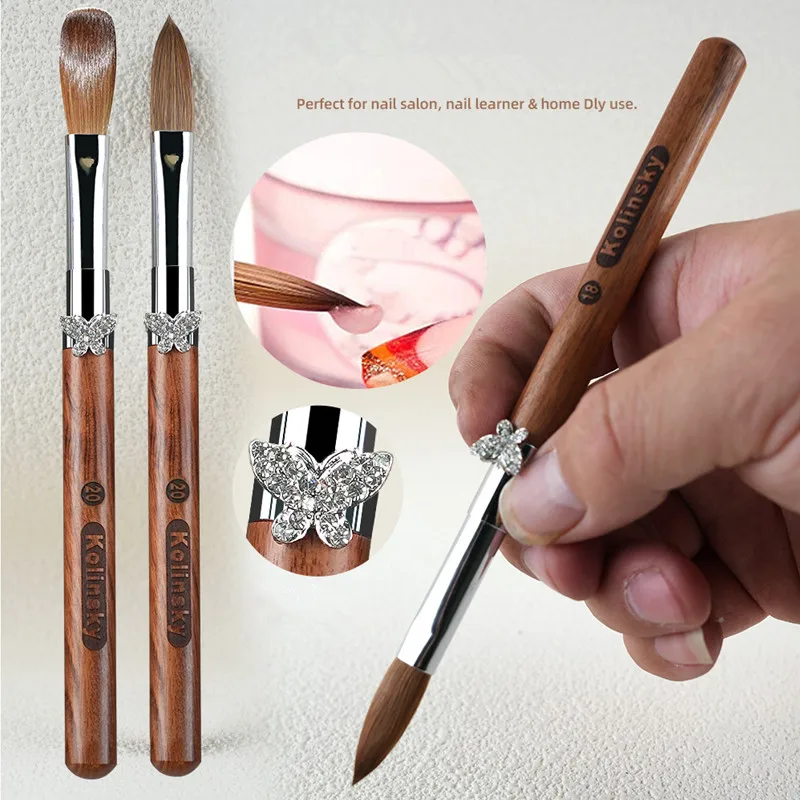1PC Butterfly Buckle Round Wood Handle Kolinsky Hair Nail Art Brush Painting Line Pen Liner Gradient Flat Round French Tools