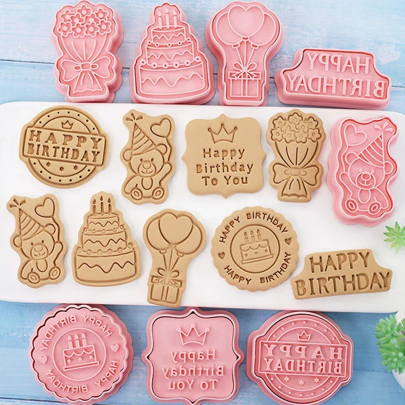 8Pcs/set Happy Birthday Theme Cookie Cutter Cake Bear Flower Biscuit Mold Cookie Stamp Baking Pastry Bakeware for Birthday Party