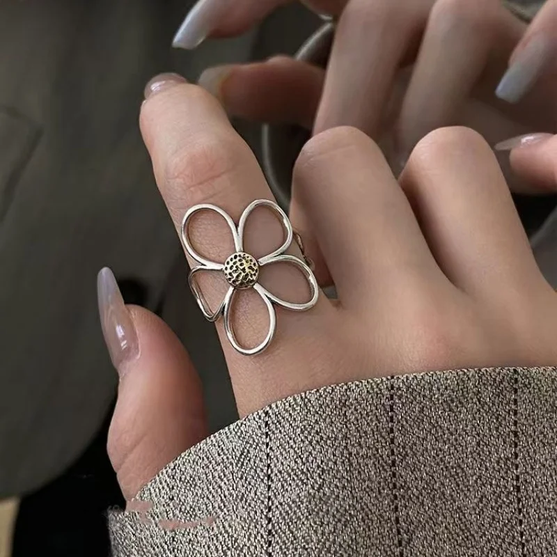 Sterling Silve Flower Ring for Women Gift Hollow Out Design Retro Hip Hop Versatile Jewelry Party Gift Dropship
