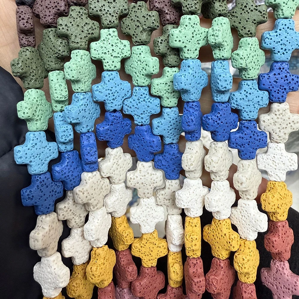 Classic Cross-shaped Volcanic Rock Bead 13x18/14x14mm Dyed Semi-precious Stone Polished Straight-hole Handmade Jewelry Accessory