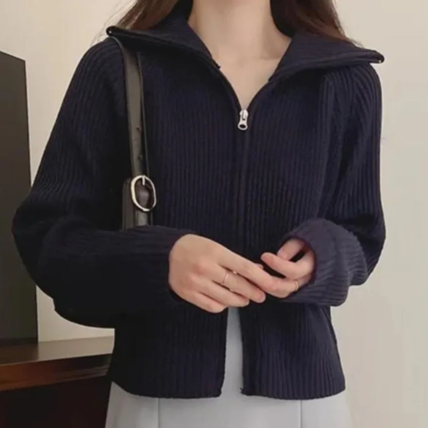 Elegancki, luźny, uniwersalny kardigan z dzianiny na jesień i zimę, z podwójnym zamkiem błyskawicznym, swobodny, uniwersalny, cienki, dzianinowy, otwarty kardigan damski, modny, prosty...