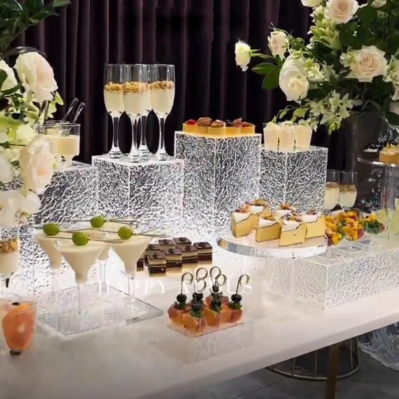 Acrylic Water Ripple Buffet Risers Wave Grain Display Stands Hollow Bottom Food Serving Tray for Party Catering Buffet Table