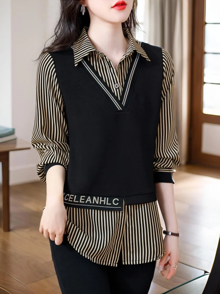 

Spring Autumn Ladies Faion Slimming Midi irt Striped Patchwork Fake Two-Piece Blouse Korean Sle Square Collar Long Sve