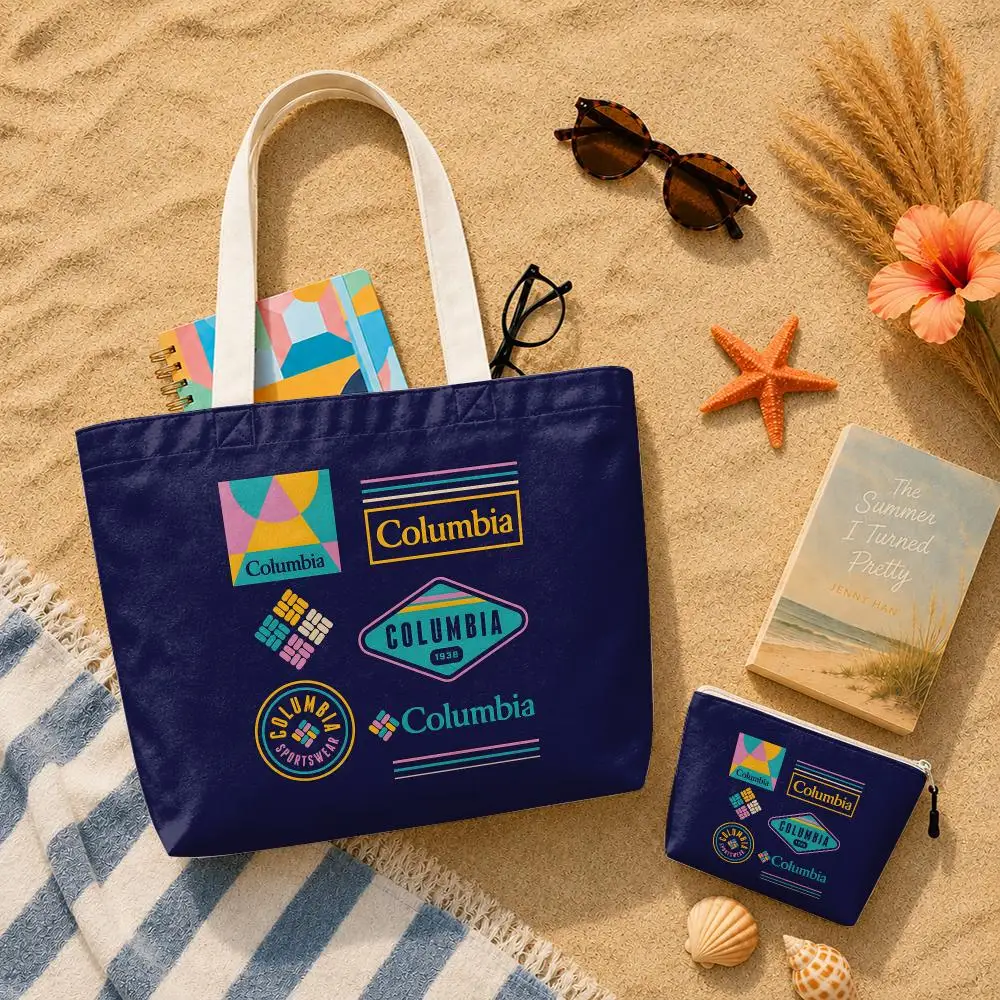 Classic C-Columbia Storage Bags Canvas Double-Sided Print Set 2-Piece Shopping Bag with Zipper for Work and Travel