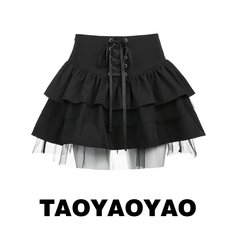 Sweet Dark Mesh Stitching Black Cake Skirt Women Summer New Hot Girl High Waist Lace-up Figure Flattering Tiered Bubble Skirts