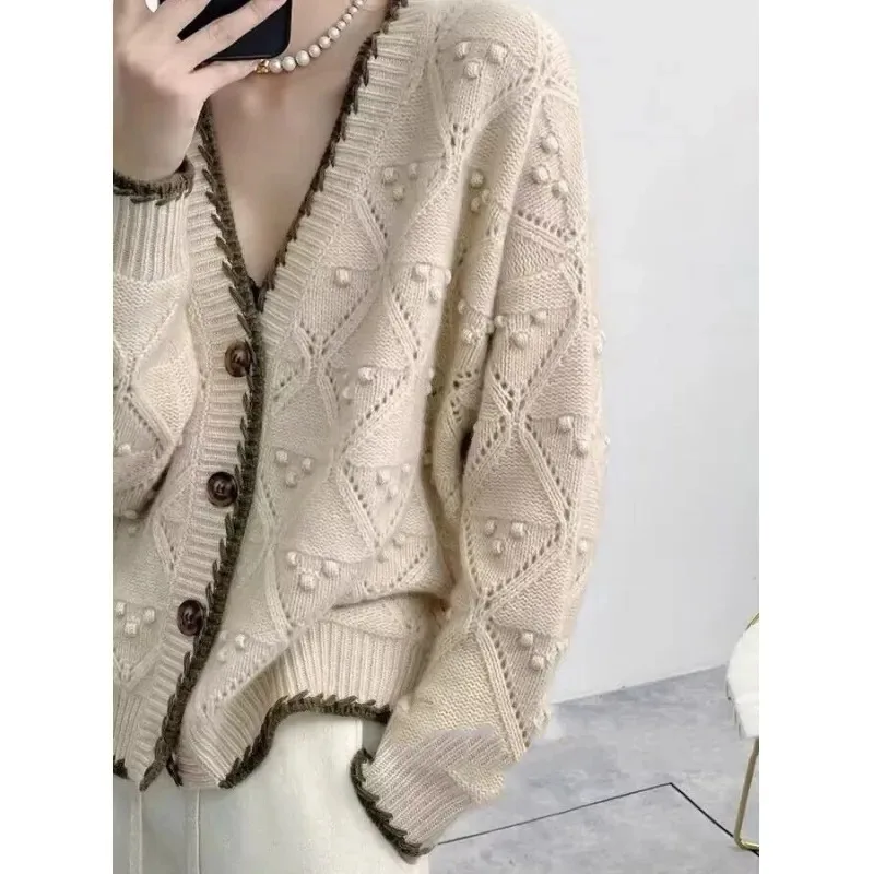 Chic jacquard 100% cashmere knit cardigan Women\'s autumn/winter lazy V-neck sweater Loose wool coat