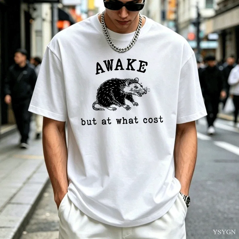 Retro T-shirt with The Tagline Wake Up But Pay The Price Fun Possum Design Satirical Quotes and 90s Retro Mouse Emoji Women Tops