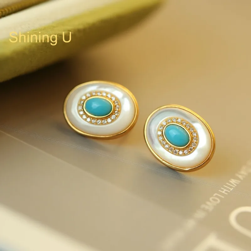 

Shining U S925 Silver Oval Turquoise Shell Stud Earrings for Women Fine Jewelry Summer