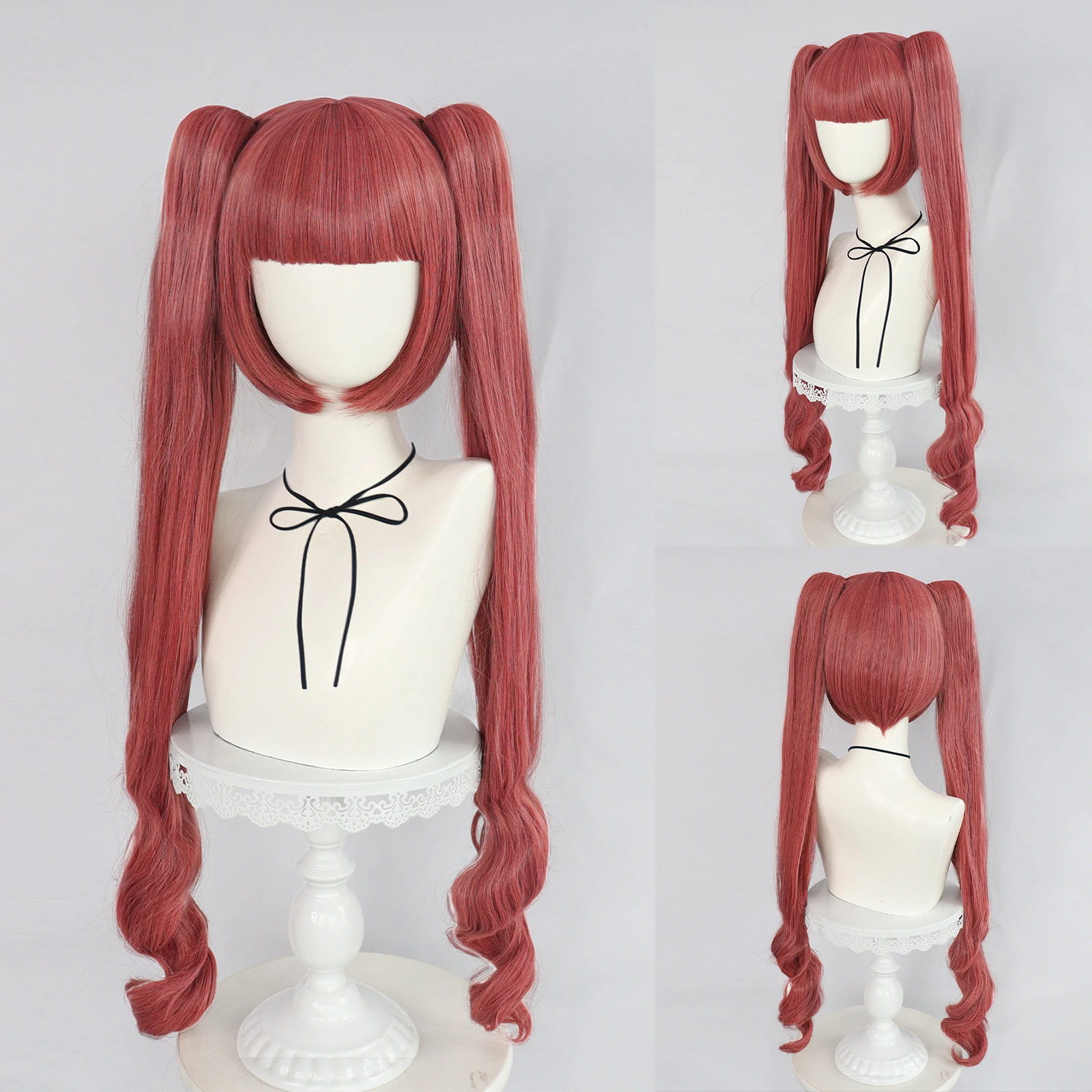 Red Long Curly Detachable Claw Double Ponytail Cosplay Wig with Bangs with Double Extra Long Wavy Pigtails Synthetic Wig Women