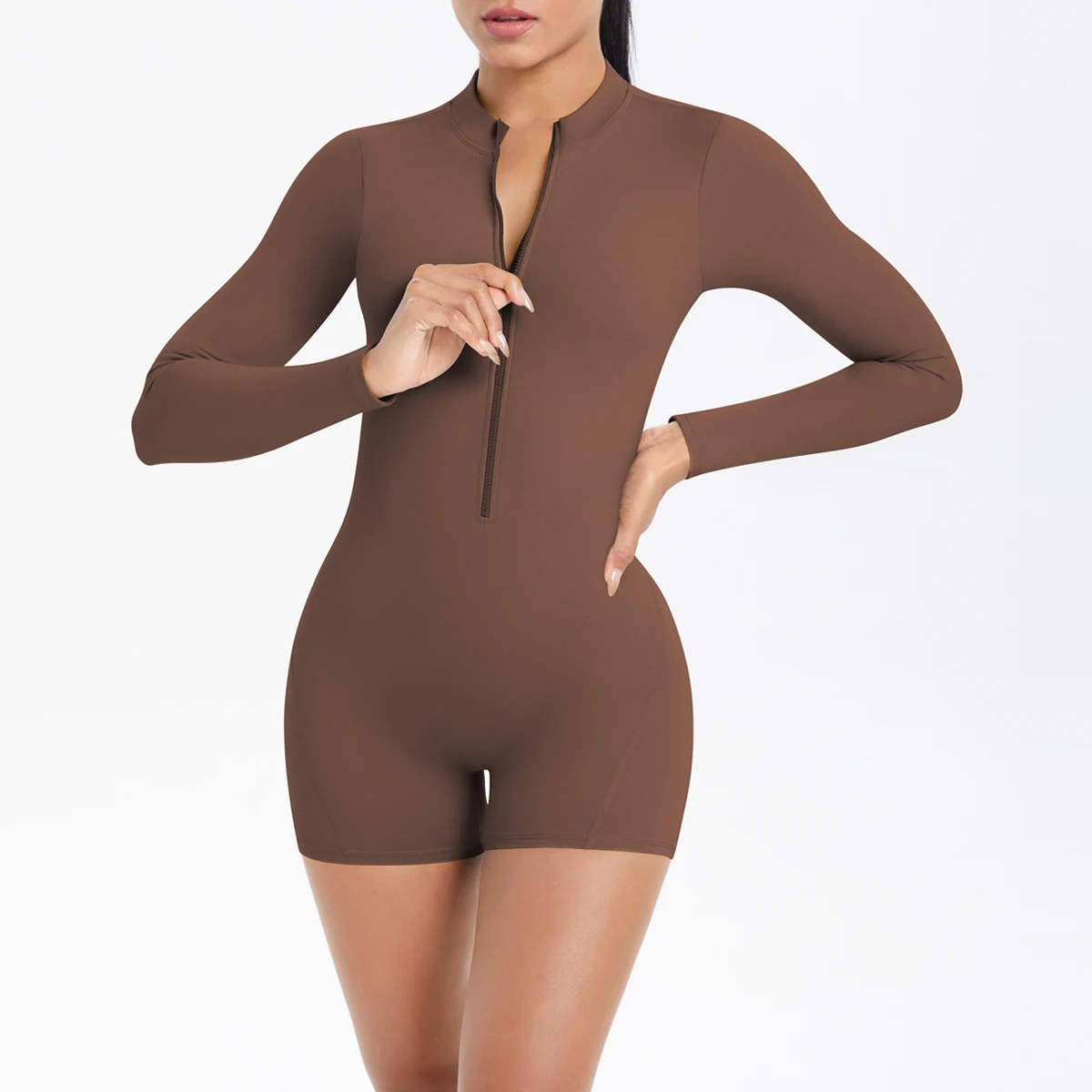 Sport-Shapewear für Damen, kurzärmeliger Einteiler mit Reißverschluss, atmungsaktiver, schnelltrocknender Sport-Yoga-Bodysuit – Detail 15