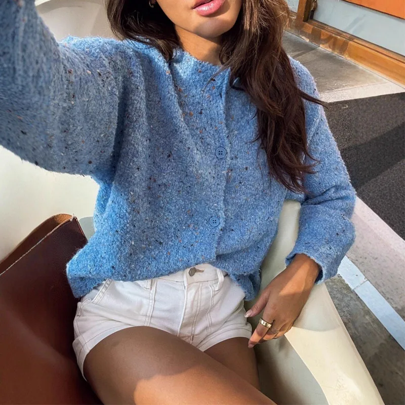 

2025 New Fashion Printed Button Knitted Cardigan Women Autumn Casual Loose Polka Dot Round Neck Long Sleeve Jacket For Women