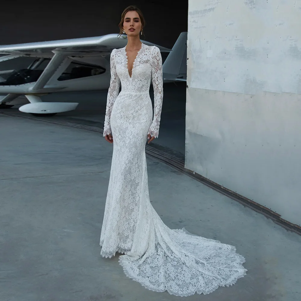 Abito da sposa romantico Abito da sposa a sirena in pizzo Personalizzato scollo a V maniche lunghe Corte dei treni Donna Abiti da sposa arabi