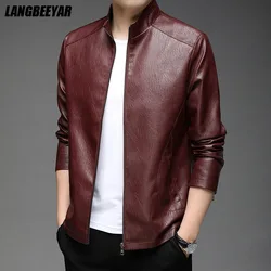 Top Grade New Brand Designer Casual Fashion Brown Classic Faux Pu Fashion Leather Jacket Men Moto Coats Mens Clothing 2023