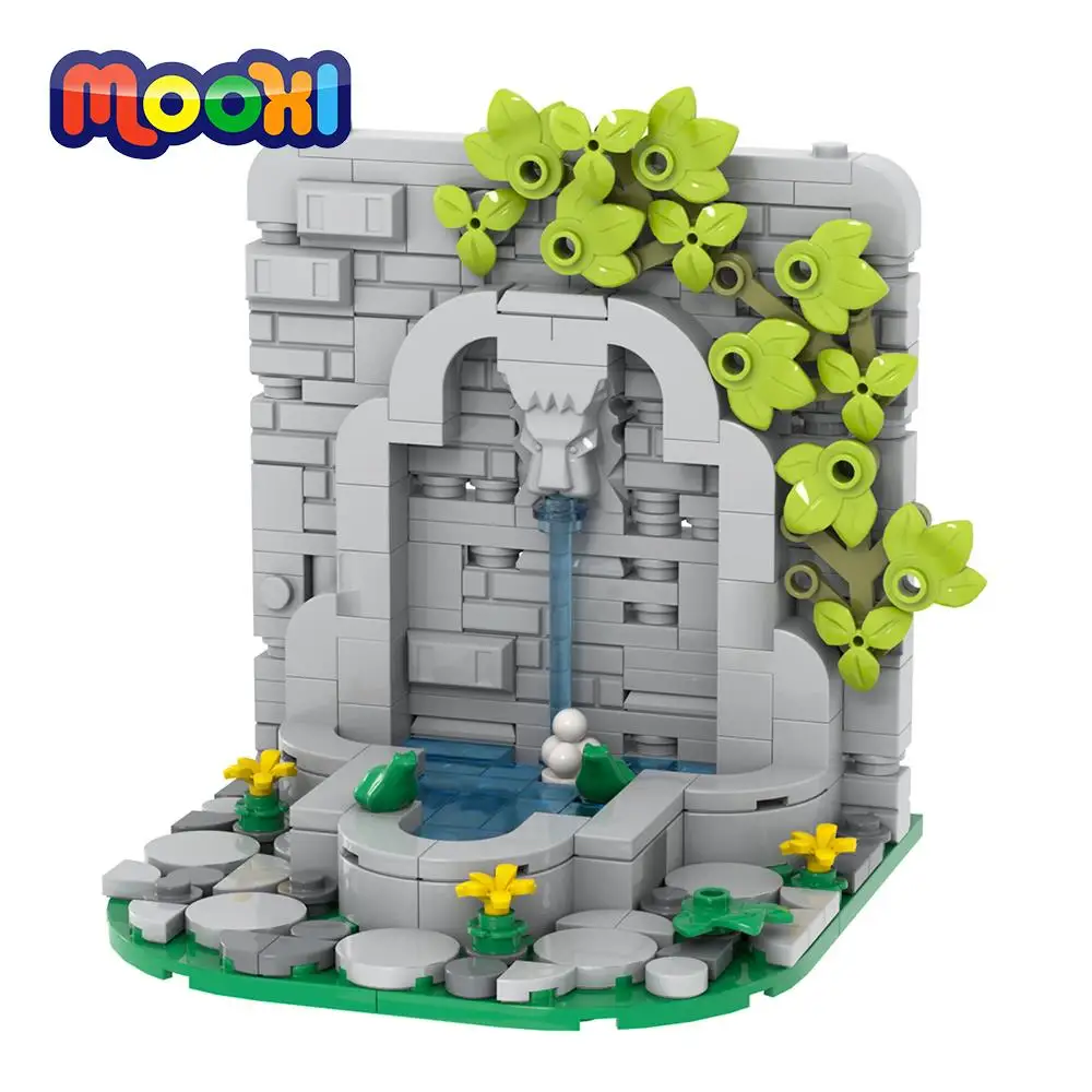 MOOXI City Fountain 255Pcs MOC Bricks Middle Ages Military Castle Fountain Model DIY Building Blocks Kids Toys For Children Gift