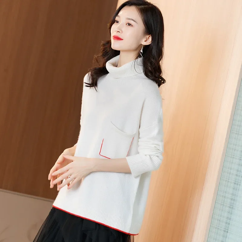 100% cashmere white turtleneck sweaters women fashion winter oversized pullover ladies softness knitwear