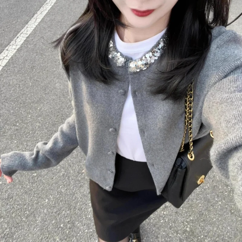 Grey sequined round collar knitted top jacket for women elegant short jacket office lady sweater coat autumn long sleeve clothes