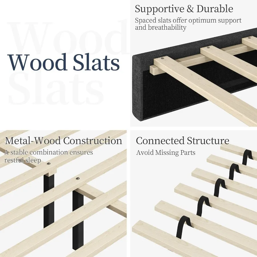 إطار سرير منجد بحجم كوين حديث مع خياطة مربعة وزر لشد اللوح الأمامي وتصميم قابل للتعديل وشرائح خشبية