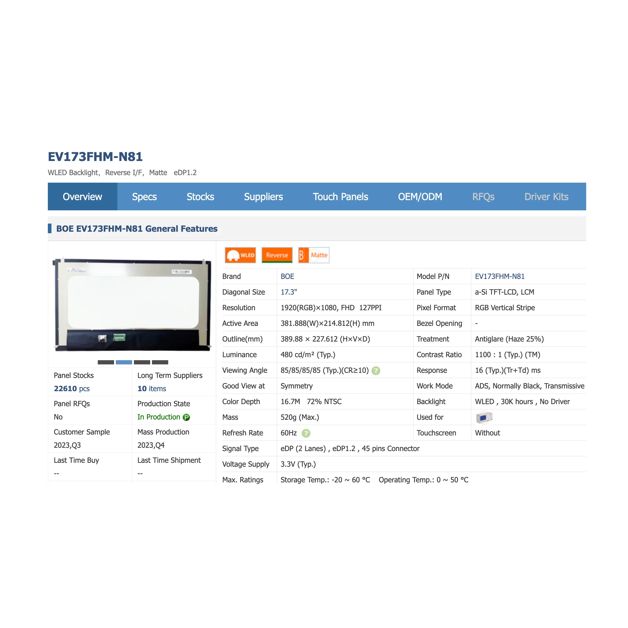 

EV173FHM-N81 17.3 Inch EDP 72% NTSC 60Hz No touch Laptop LCD Screen 1920X1080 45 pins