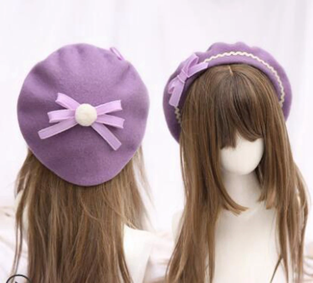 Niedliche Lolita-Baskenmütze für Damen, lässige Mode, koreanische Wolle, Schleife – Detail 12