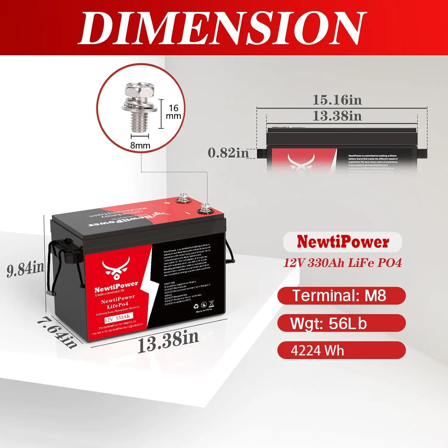 12V 330Ah LiFePO4 Battery 4224Wh with 200A BMS 10000+ Cycles for RV Camping Trolling Motor Solar Storage, Customized