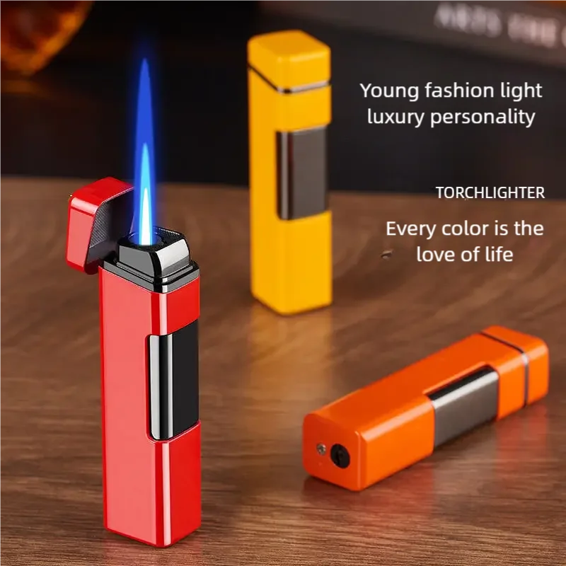 

Модная прямая передняя зажигалка прессового типа, ветрозащитная надувная металлическая прикуриватель с синим пламенем, персонализированная и Compa