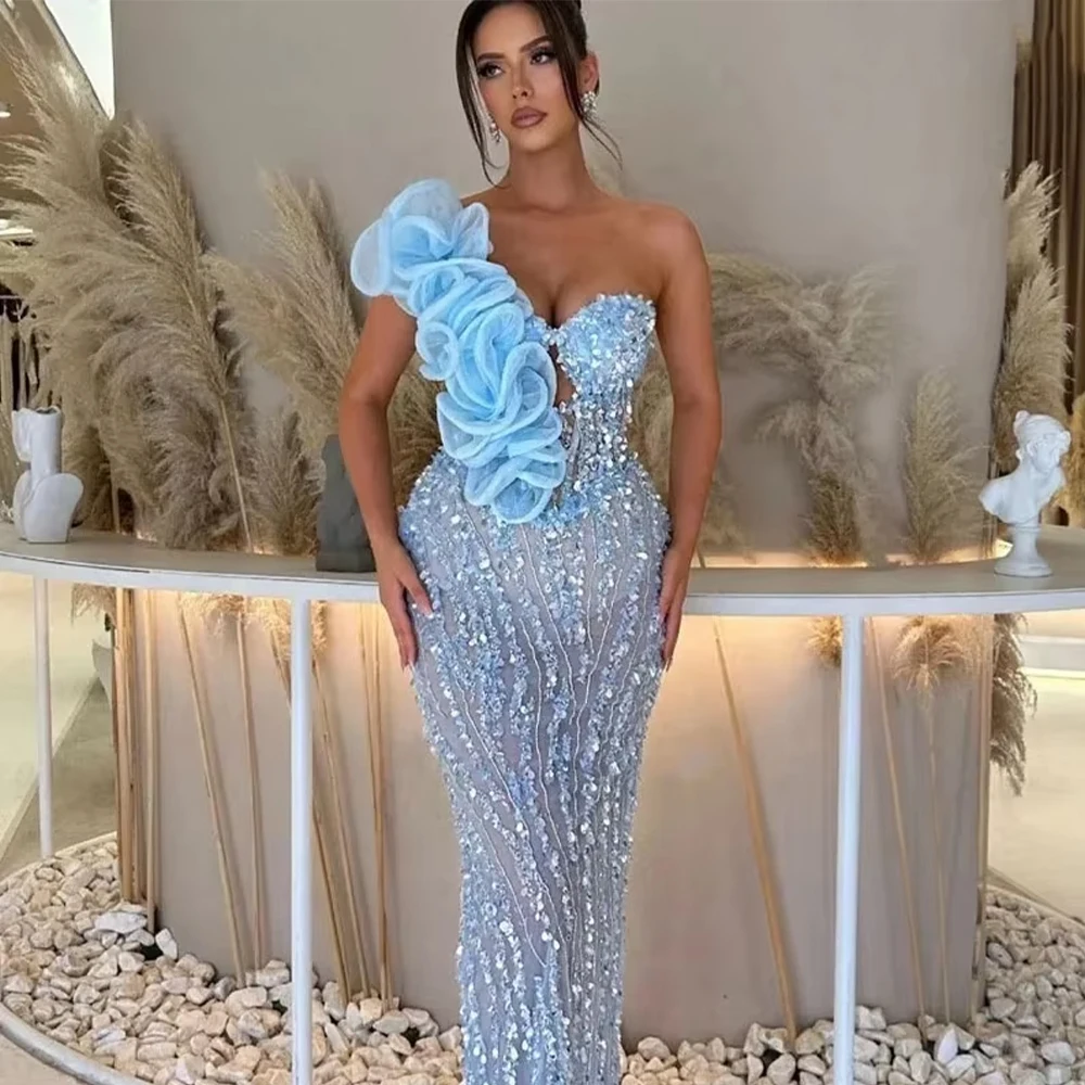 GalaG One Shoulder Sky Blue 3D Floral Evening Dress Strapless Corset Beaded Mermaid Maxi Gown Formal Pageant Party Dress Custom