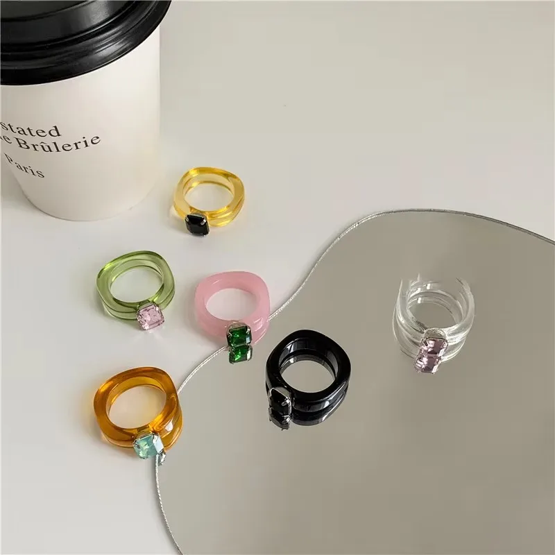 Transparent Colorful Irregular Geometric Crystal Rhinestone Zircon Round Ring for Women Shiny Jewelry Accessories