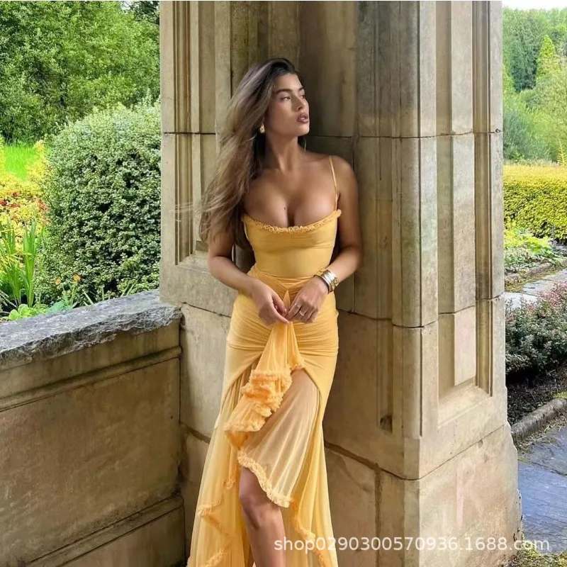 Abito da donna elegante con volant e corsetto, cinturino sexy, con scollo all'americana, increspato, in rete, con sirena, abito da sera per feste, abito da ballo