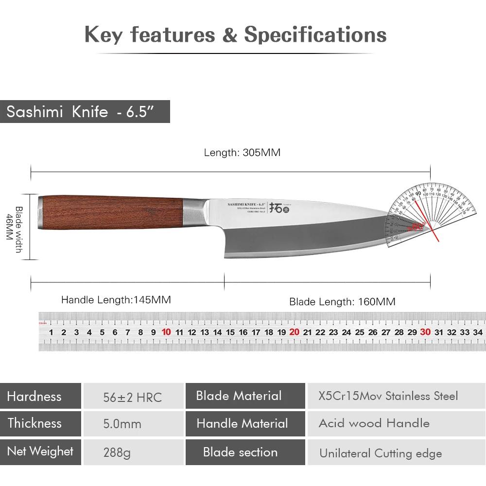 TURWHO 160mm Fish Head Knife X5Cr15MoV High Carbon Stainless Steel Kitchen Knives Japanese Filleting Sashimi Sushi Salmon Knife