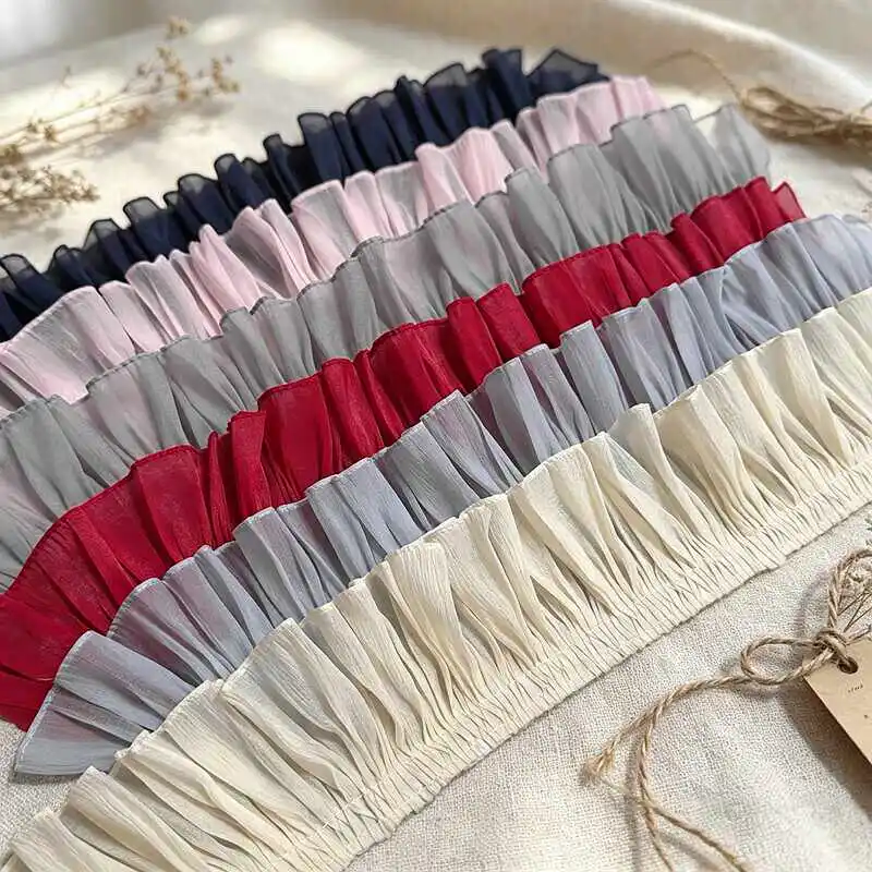 New Hot Quality 2/3/5yards/lot 10cm Thin Soft Wine red/White Chiffon Lace Trim Ruffle Lace for Dress Hem Trimming