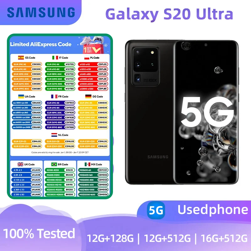 Samsung Galaxy S20 Ultra 5G G988U1 128GB Snapdragon 865 Octa Core 6.9inch 108MP&48MP 12GB/16GB RAM used phone