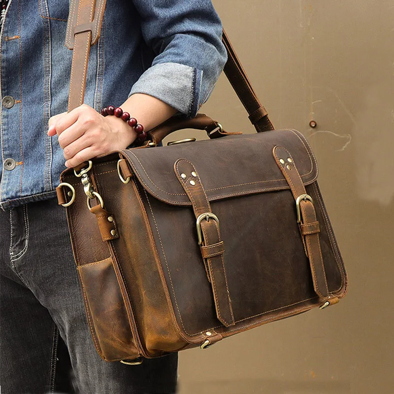 Maletín Vintage de cuero genuino para hombre, bolso de negocios de cuero de vaca de 16 ", bolso de mensajero de doble capa para ordenador portátil, bolso de mano de trabajo para PC