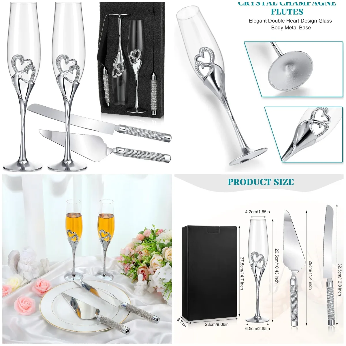 

Набор свадебных флейт для шампанского и ножей для торта с ободком в форме сердца со стразами, серебро