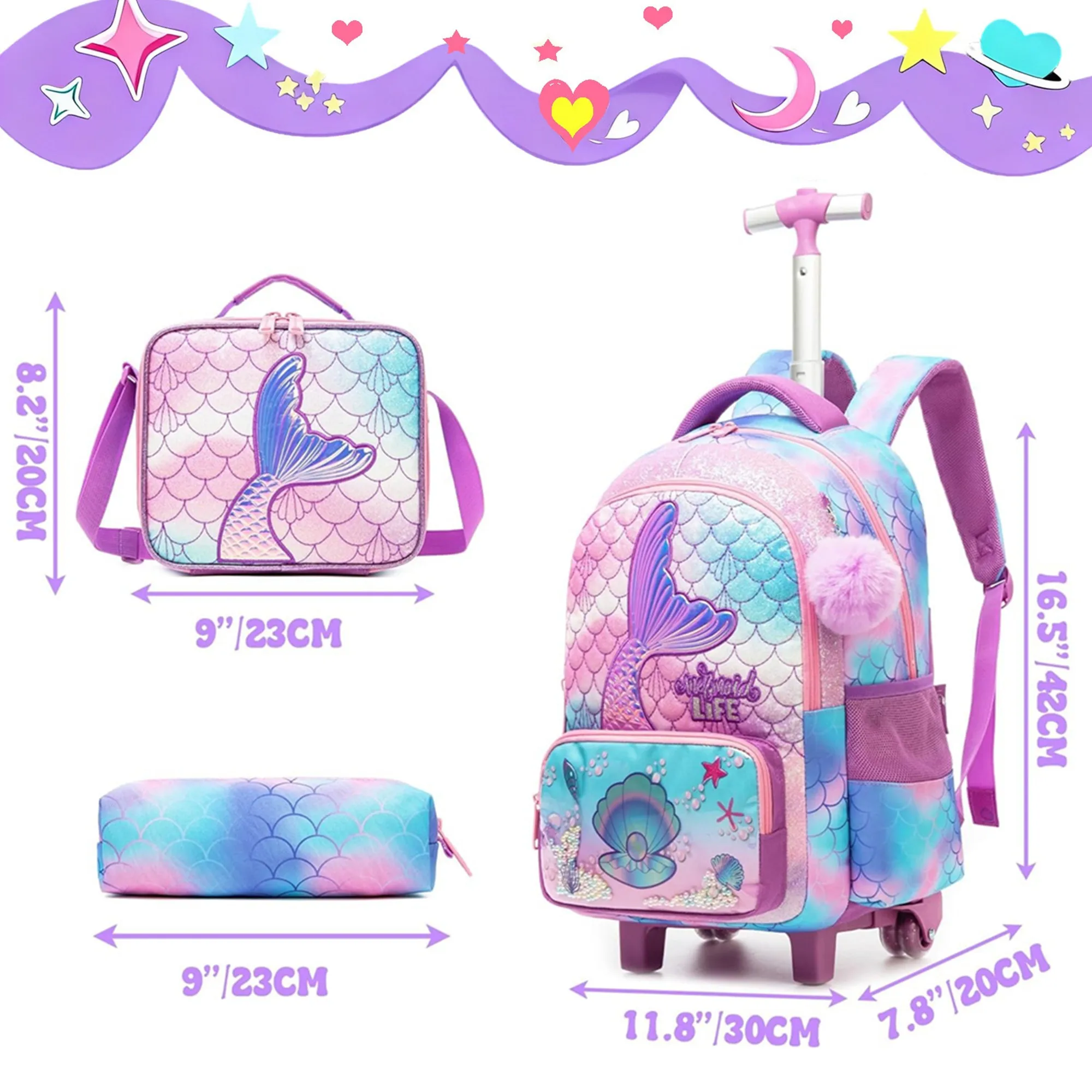 Cute Mermaid Rolling Backpack for Girl Kids Travel Suitcase with Wheels Elementary Student Carry on Luggage Boys Roller Backpack