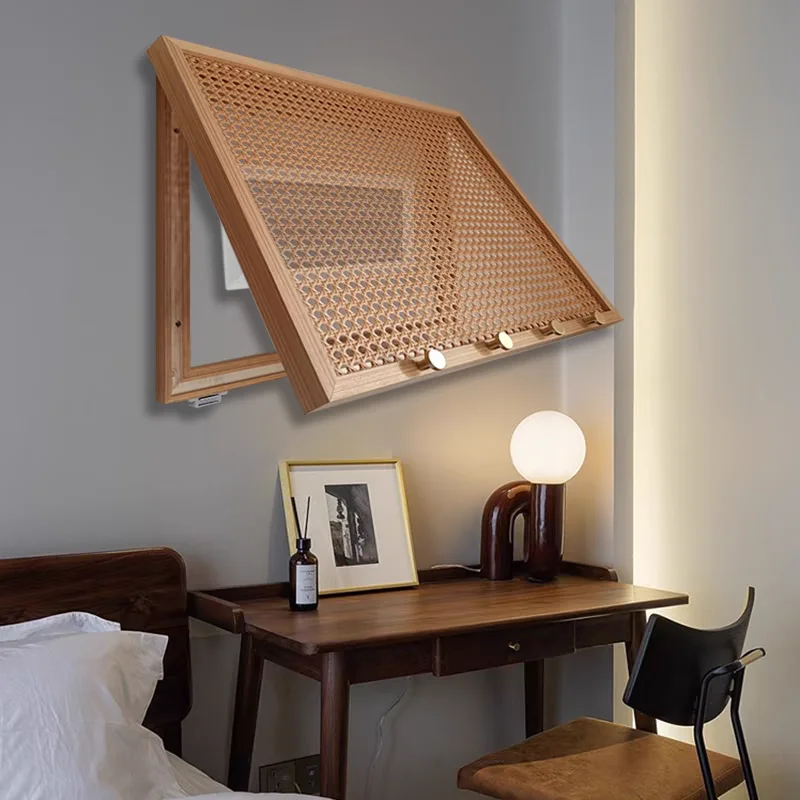 Natural Rattan Circuit Breaker Box Woven Wall Mounted Meter Cover with Hooks Solid Wood Electrical Wall Stickers for Home Decor