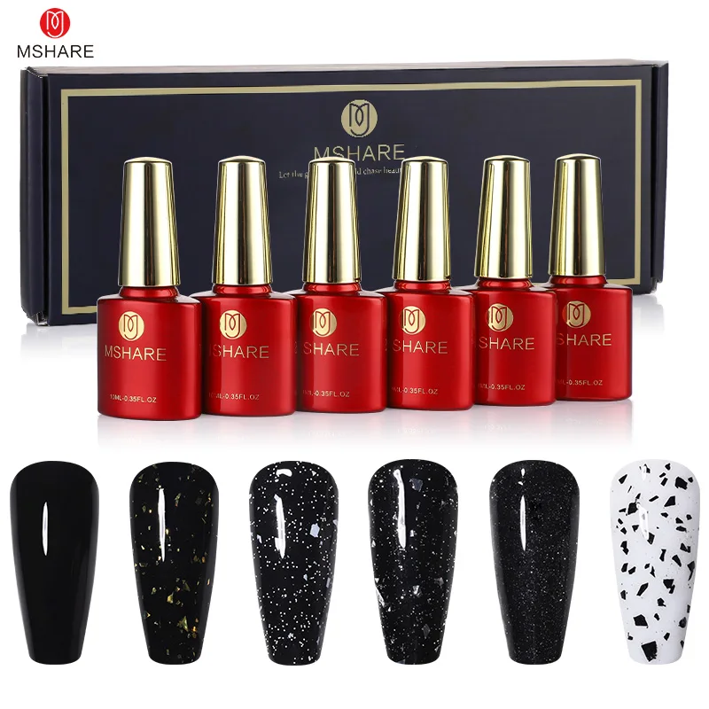 Mshare 6 Stuks Top Coat Gel Set Eierschaal Top Gold Glitter Top Nail Art Kit 10 Ml Uv Gel Nagellak Nagels Art