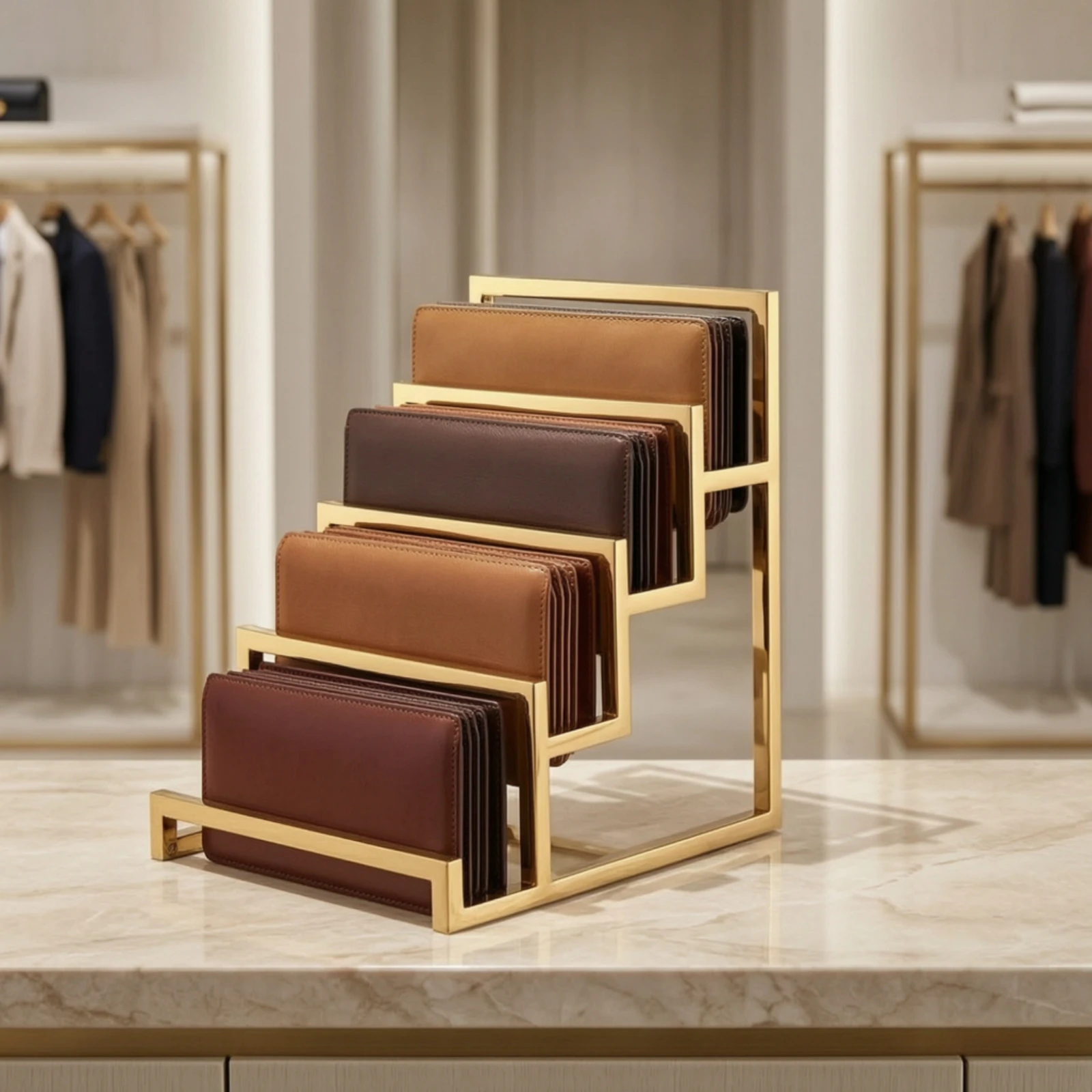 Stepped Display Rack Compact Wallet Display Stand Organizer Space-Saving Tiered for Retailers, Boutique, Closet