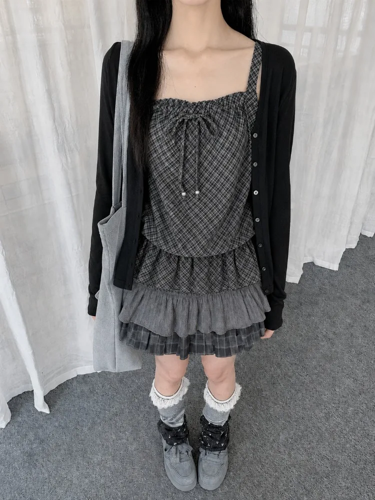 Japanese Kawaii Subculture 3‑Piece Set Female Lace Strapless Tank Tops Casual Cardigan Polka Dot Mini Skirt Retro Street Outfit
