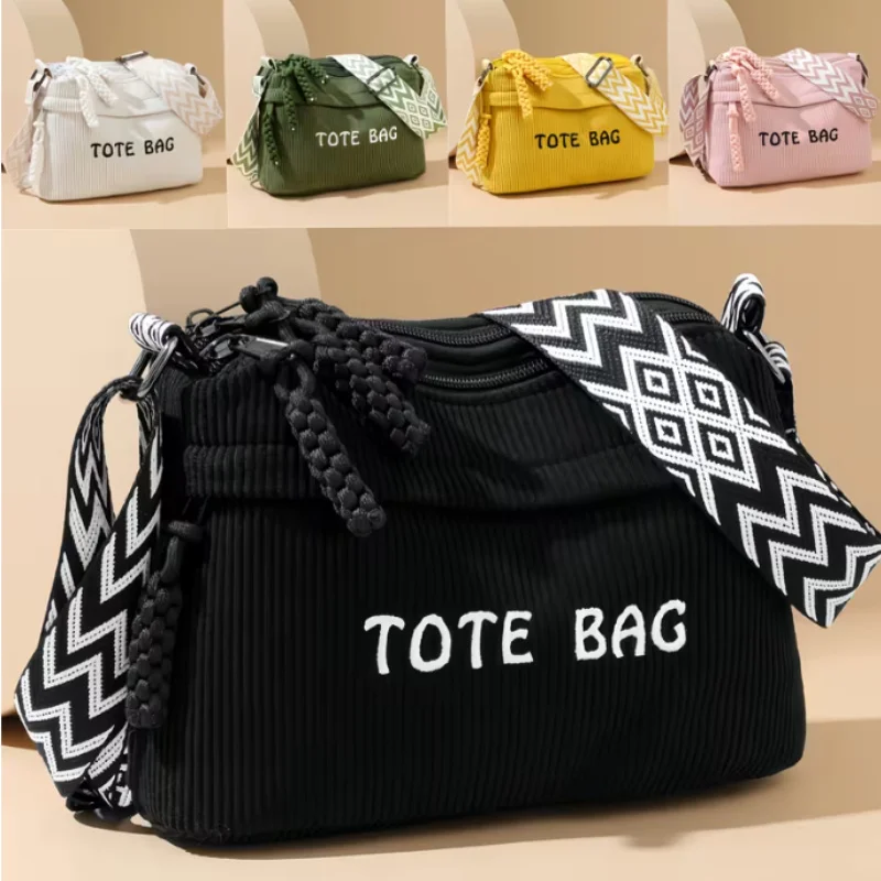 Women's Plush Fleece Tote Bag with Adjustable Strap Corduroy Handbag Shoulder Crossbody Bag Zipper Closure Golden Tone Hardware