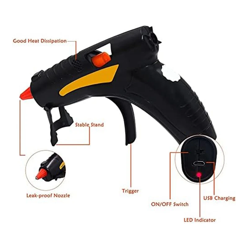 Wireless USB Rechargeable Hot Melt Glue-Gun With 10 Pcs Glue Sticks Fit For Arts, Home Repairs